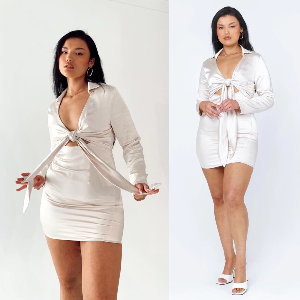 Princess Polly Monty Champagne Satin Long Sleeve Tie Front Shirtdress